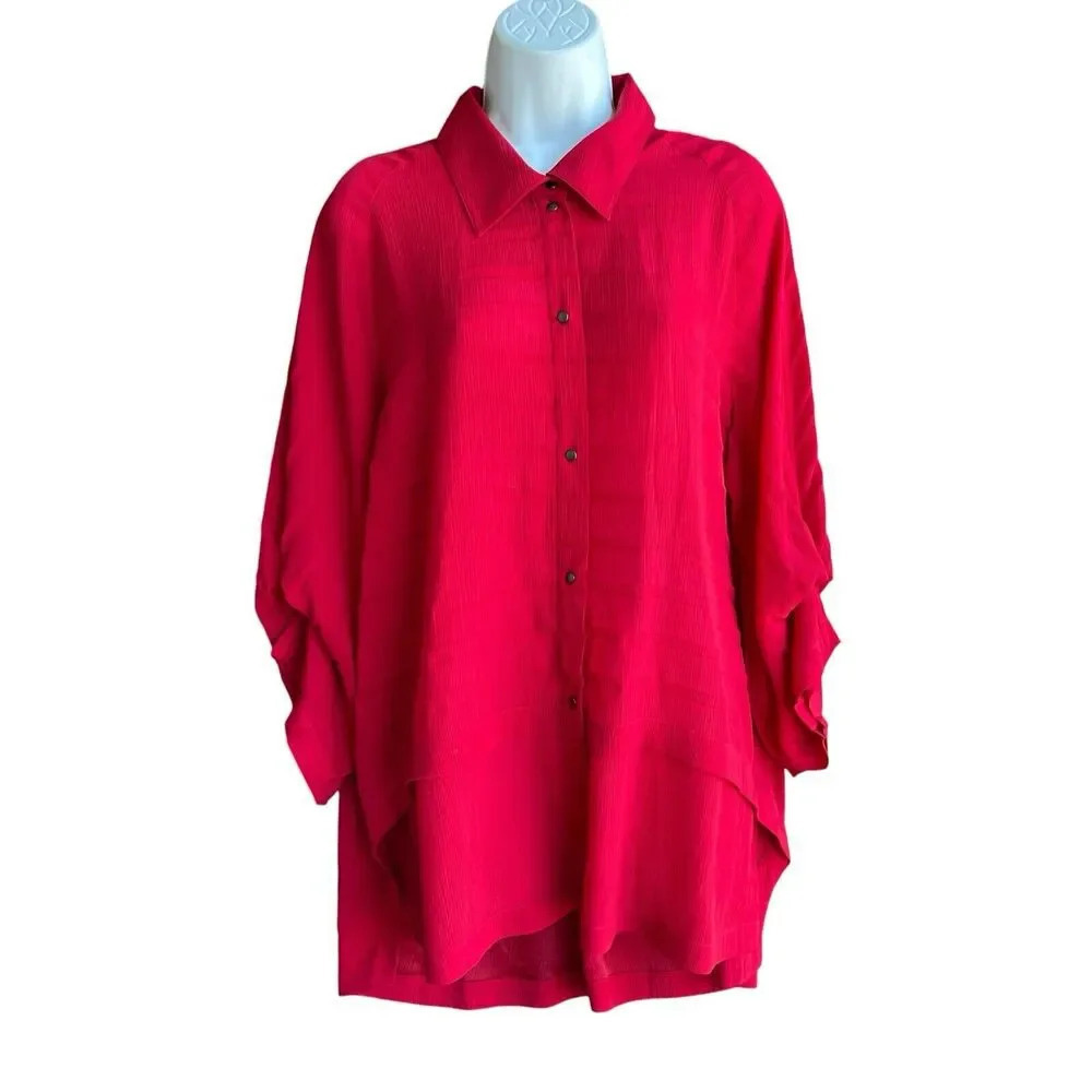 John Mark Tunic Top Size Large Red Pleats Art to Wear Snap Buttons 3/4 Sleeves